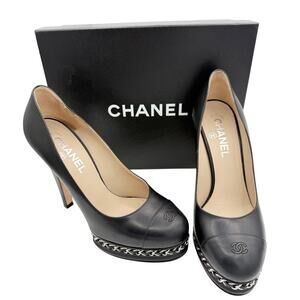Chanel Black Leather CC Logo Cap Toe Chain Platform High Heel Pumps Size 38.5